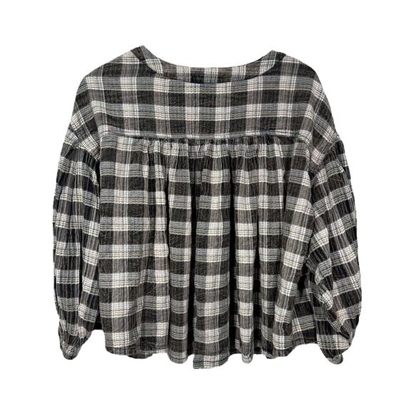 Free People Jessi Plaid Balloon Sleeve Top Small Brown Boho Cottage Casual - Picture 5 of 9